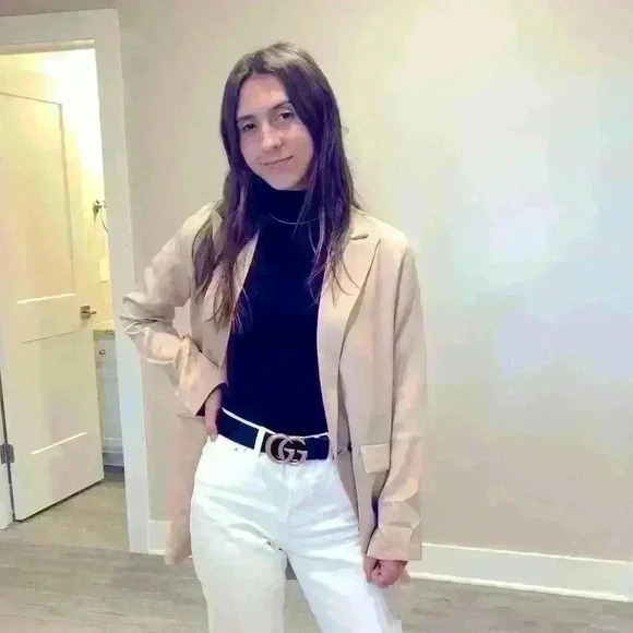 🔒🤍 Women's @leoniehanne Beige Loose Double Breasted Silky Long Classsic Blazer - Picture 3 of 6